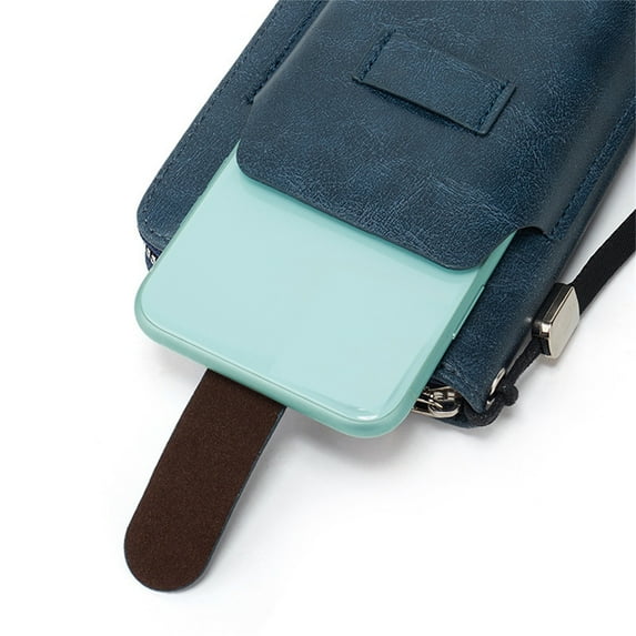 Pompotops Blue Large Capacity Long Men's Leather Zippered Wallet With Multiple Card Holders For Storing 6.9-inch Phones