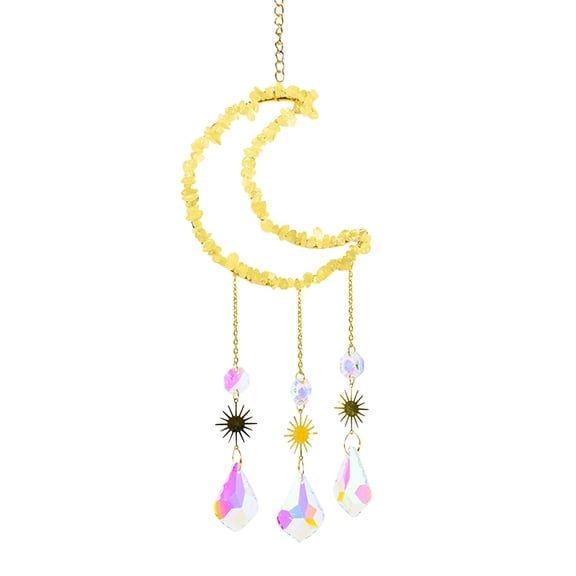 Pompotops Car Ornament Car Decor, Natural Amethyst Gravel Moon Pendant Handwoven Catcher Wind Chime Lighting Pendant Decorative Gift, Yellow