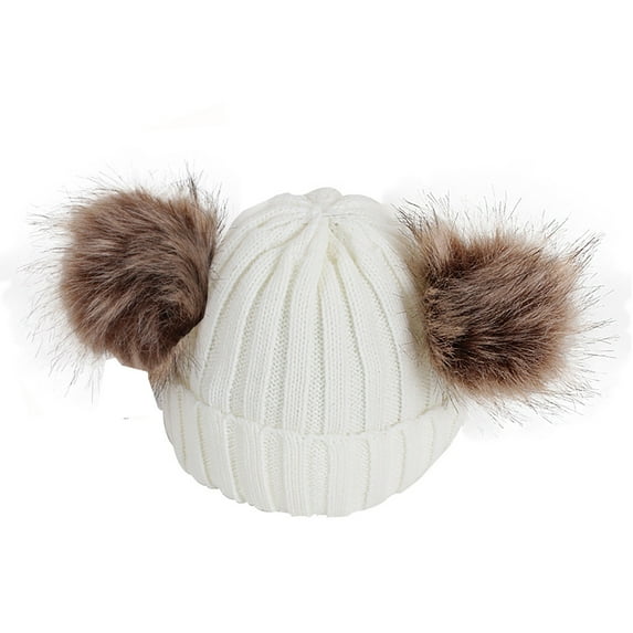 Pompotops Children Baby Toddler Beanie Hat (Age 6-36 Months) Winter Warm Knitted Cotton Hat Raccoon Dog Ball Double Ball Baby Fashion Hat for Boys Girls, Gift, White, Winter Clearance