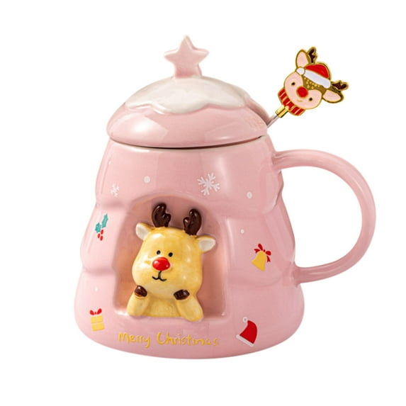 Pompotops Christmas Ceramic Cute Coffee Mug With Spoon Lid Large Capacity Household Ceramic Water Cup, Xmas Holiday Gifts