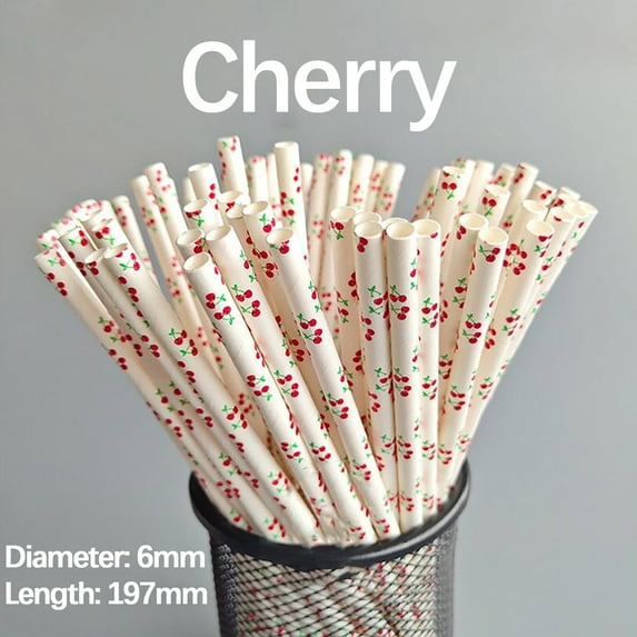 Pompotops Clearance Sales Disposable Kraft Paper Straw Cool Summer Fruit Pattern Paper Straw