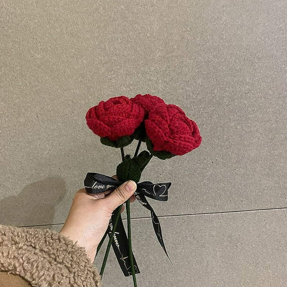 Pompotops Clearance Sales Knitted Roses Hand Woven Rose Simulation Yarn Knitted Bouquet Floral Decoration Gift