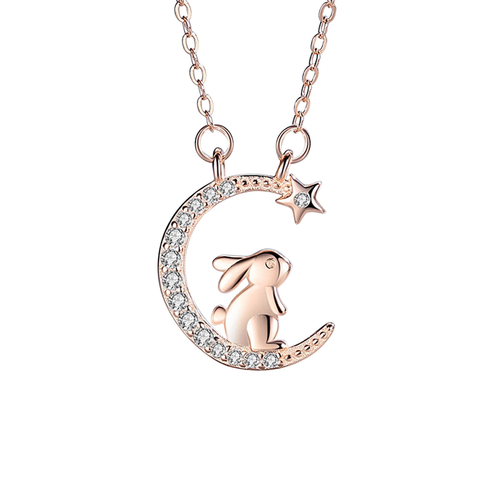 Pompotops Diamond Bunny Moon Star Necklaces Cubic-Zirconia Rabbit