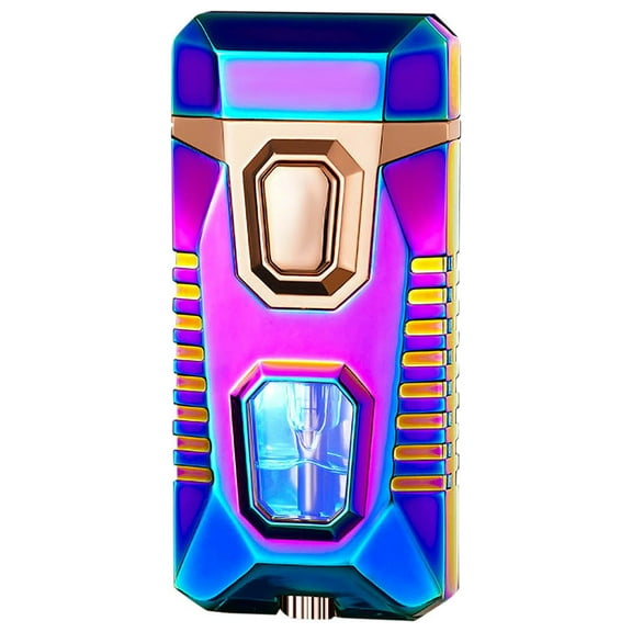 Pompotops Dual Flame Torch Lighter With 5 Flints Blue Visible Compartment Windproof Butane Gas Lighter Adjustable Soft Flame And Flame 2-in-1 Refillable Butane Lighter for Men and Women,Without Butane