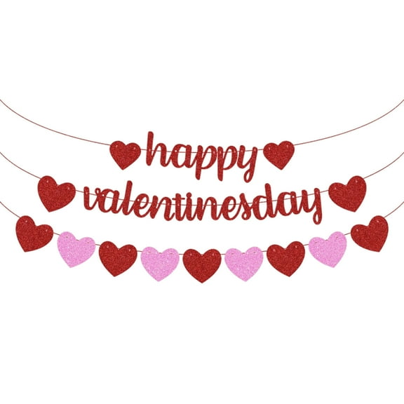 Pompotops Happy Valentine's Day Love Heart Banner Hanging Decorations Happy Valentine's Day Garland Valentine's Day Wedding Engagement Party Home Fireplace Mantle Decoration Supplies