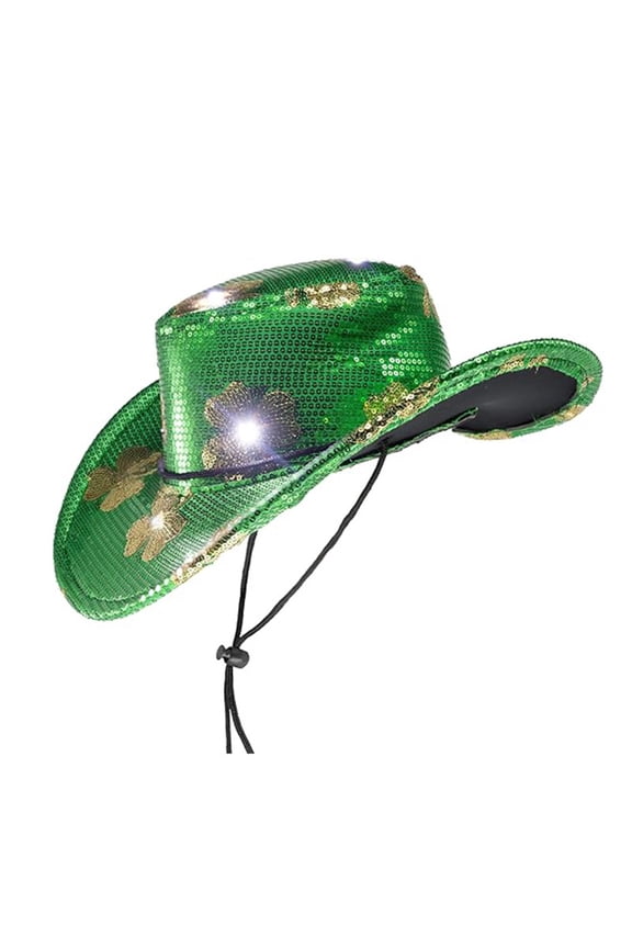 LED Light Up Shamrock St Patrick's Cowboy Hat, St Patrick's Day Green Velvet Top Hat Green St. Patricks Day Party Accessories Green Christmas Tree Topper Hat