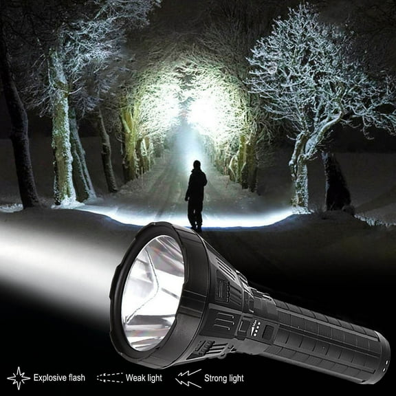 Pompotops LED Torch 100000 Lumens High Power Super Bright Powerful Flashlight, USB Rechargeable 5 Modes Military Torch Light Outdoor Searchlight With Rechargeable Battery, black