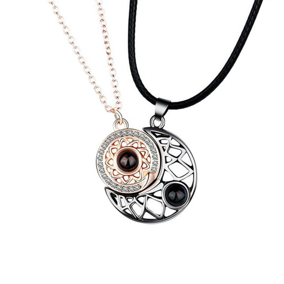Pompotops Projection Necklace with Photos Picture Inside 2pcs Couples Necklace 100 Languages Projection Stone Necklace Sun Moon Necklace Valentine's Day Gift Rose Gold