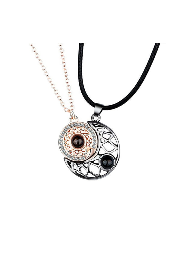 Projection Necklace with Photos Picture Inside 2pcs Couples Necklace 100 Languages Projection Stone Necklace Sun Moon Necklace Valentine's Day Gift Rose Gold