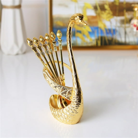 Pompotops Stainless Steel Coffee Spoon Fruit Fork Bar Dessert Spoon With Swan Base Holder Rack Household Tableware, Home Kitchen Savings!