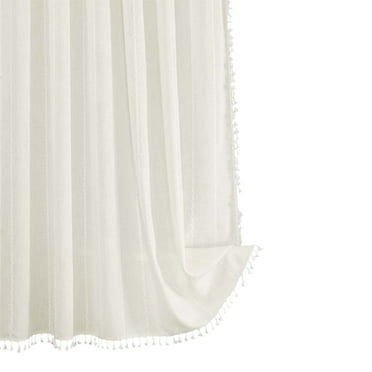 Pompotops White Bohemian Farmside Shower Curtain,Linen Rustic Heavy Duty Striped Fabric Shower Curtain Set With Tassel, Water Repellent, Bohemian Vintage Countries Cloth Shower
