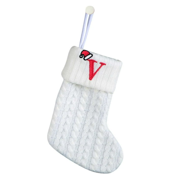 Pompotops White Christmas Socks Gift Bag, 7.1*5.9Inches Decorative Knit Socks Wool Stockings Embroidered Alphabet (A-Z) Children's Candy Gift Bag