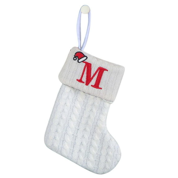 Pompotops White Christmas Socks Gift Bag, 7.1*5.9Inches Decorative Knit Socks Wool Stockings Embroidered Alphabet (A-Z) Children's Candy Gift Bag