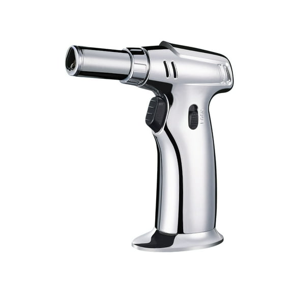 Pompotops Windproof Butane Torch Lighter, Straight Torch Blue Flame Lighter Turbine Torcher Inflatable Gas Windproof Lighter Refillable Butane Lighter For Outdoor BBQ Baking, Silver