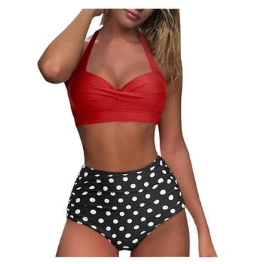 Pompotops Women Vintage Swimsuit Two Piece Retro Halter Ruched High Waist Print Bikini Set S-2XL