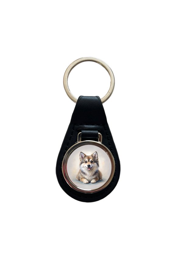 Pomsky Dog Illustration Metal Black Leather Keychain