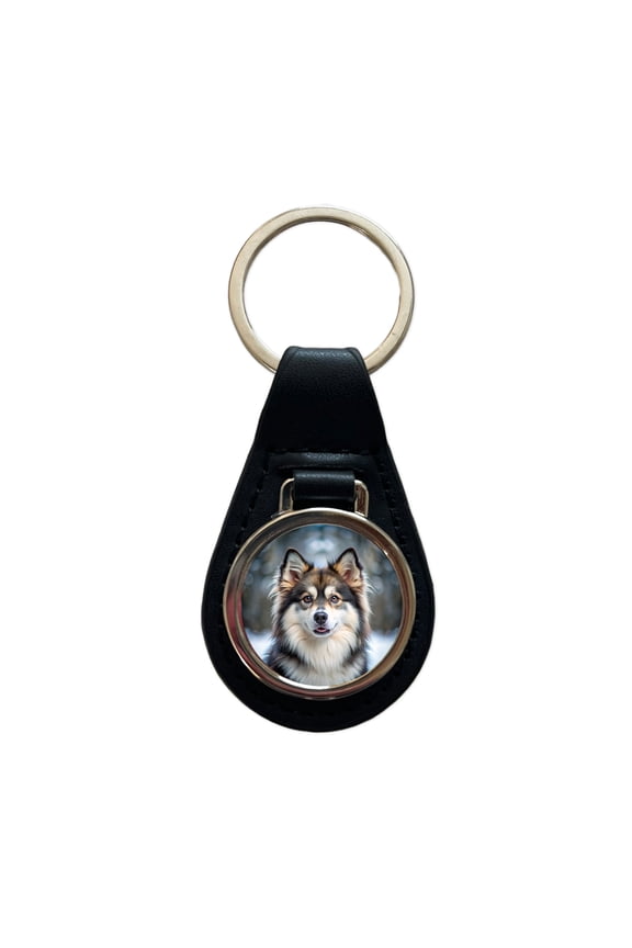 Pomsky Dog Photo Metal Black Leather Keychain