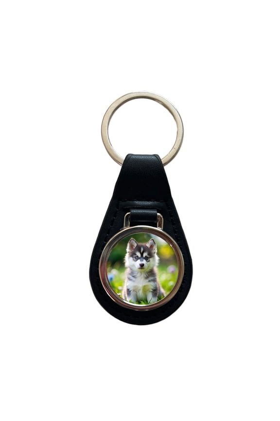 Pomsky Dog Puppy Photo Metal Black Leather Keychain