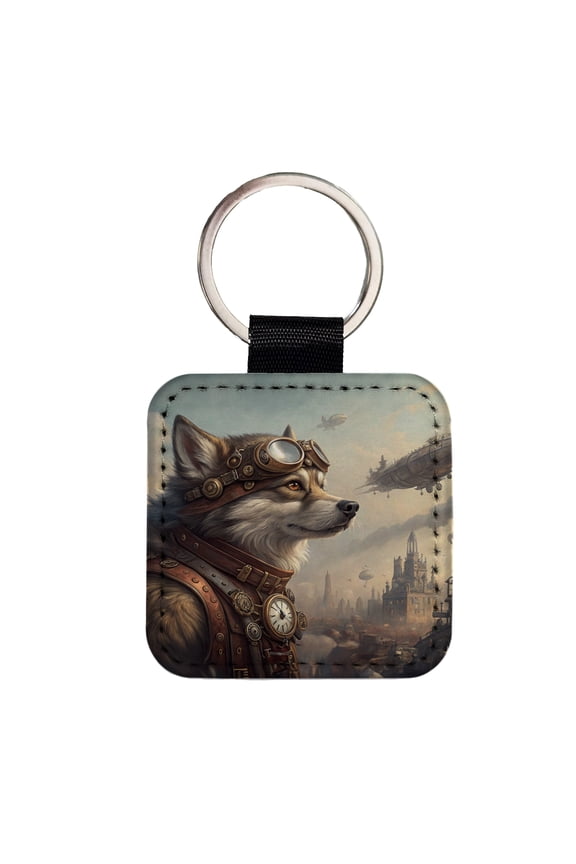 Pomsky Dog Steampunk Faux Leather Square Keychain