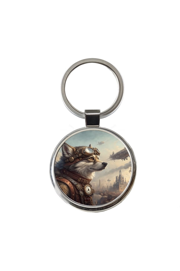 Pomsky Dog Steampunk Metal Round Keychain