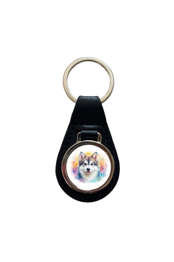 Pomsky Dog Watercolor Style Metal Black Leather Keychain