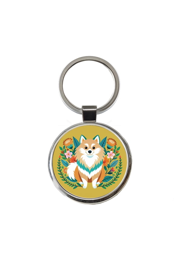 Pomsky Floral Motif Dog Metal Round Keychain