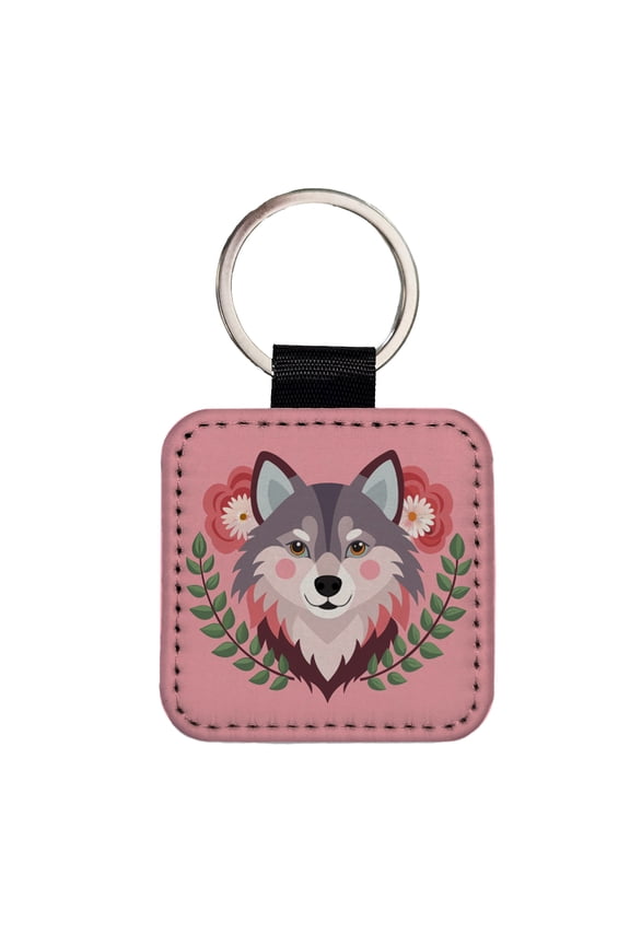 Pomsky Head Floral Motif Pink Cute Dog Faux Leather Square Keychain