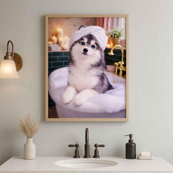 Pomsky In Bathtub Spa Dog With Glasses Pet Animal Wall Art Poster , Poster Print Only