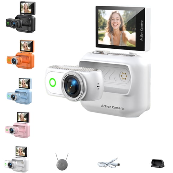 Pomya 4K Action Camera with Flip Screen, Magnetic Wearable POV Body Cam, Mini Thumb Camera with Dual Battery, Wireless App Control, Helmet Mount for Sports Vlog Cycling (White)