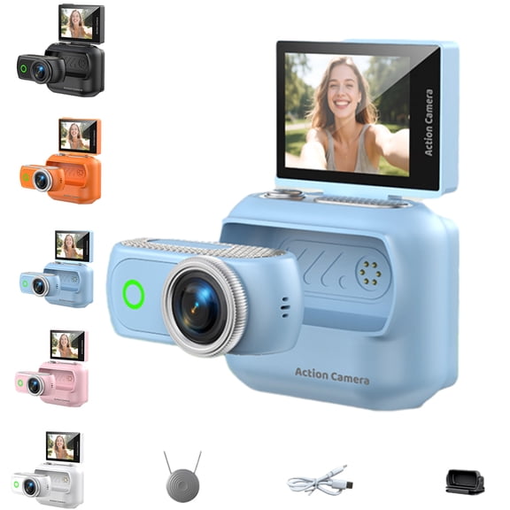 Pomya 4K Action Camera with Flip Screen, Magnetic Wearable POV Body Cam, Mini Thumb Camera with Dual Battery, Wireless App Control, Helmet Mount for Sports Vlog Cycling（blue）