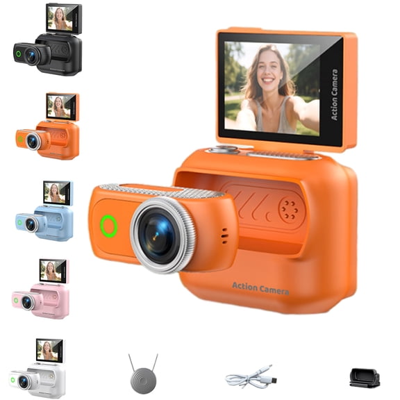 Pomya 4K Action Camera with Flip Screen, Magnetic Wearable POV Body Cam, Mini Thumb Camera with Dual Battery, Wireless App Control, Helmet Mount for Sports Vlog Cycling（orange）