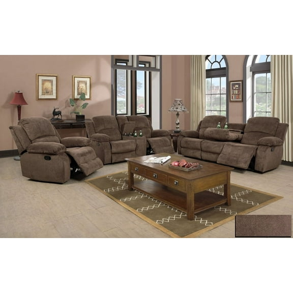 Pon Living 3 Piece Flannelette Manual Reclining Living Room Family sofa set, Brown