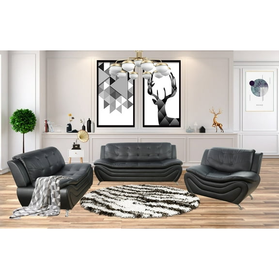 Pon Living 3 Piece Modern Faux Leather Living Room Set Black