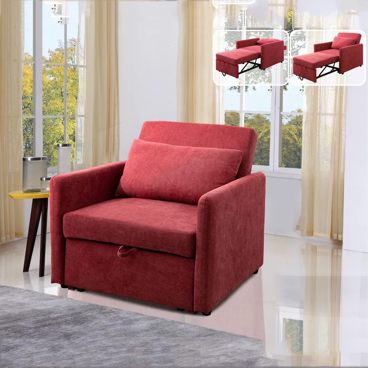 Pon Living 36" Wide Convertible Chaise Futon for Home Office, Pull Out Sofa Bed, Lint, Red