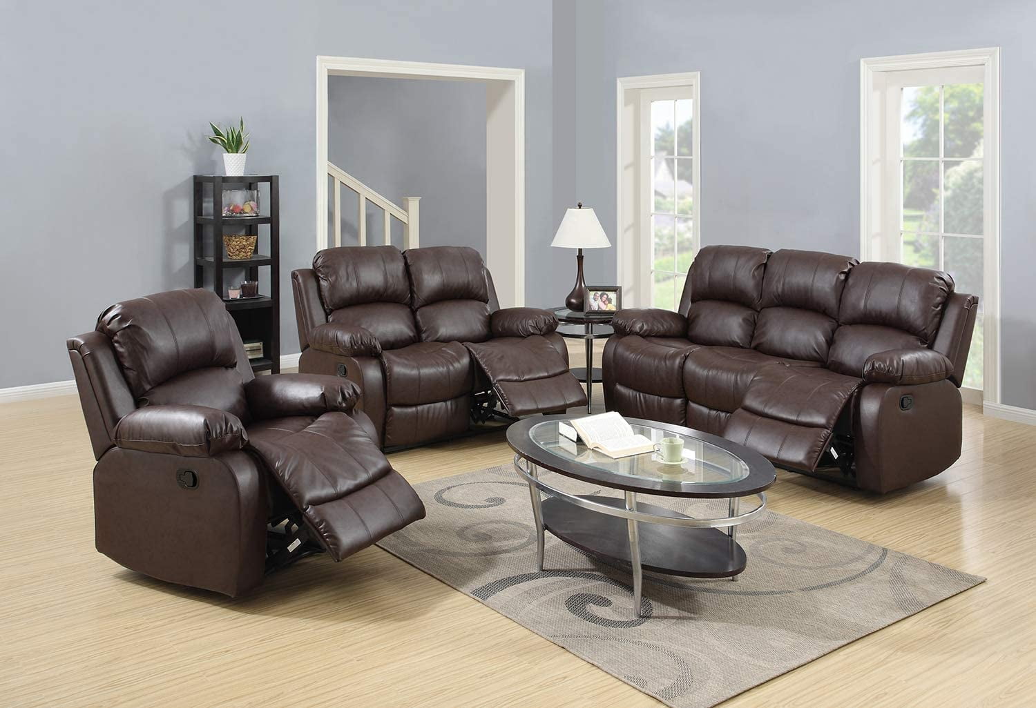 Pon Living Furniture Bonded Leather Recliner Set Living Room Set, Sofa, Loveseat, Chair (Brown, Living Room Set 3+2+1)