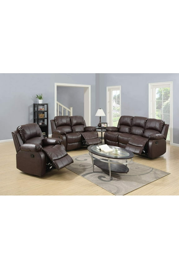 Pon Living Furniture Bonded Leather Recliner Set Living Room Set, Sofa, Loveseat, Chair (Brown, Living Room Set 3+2+1)
