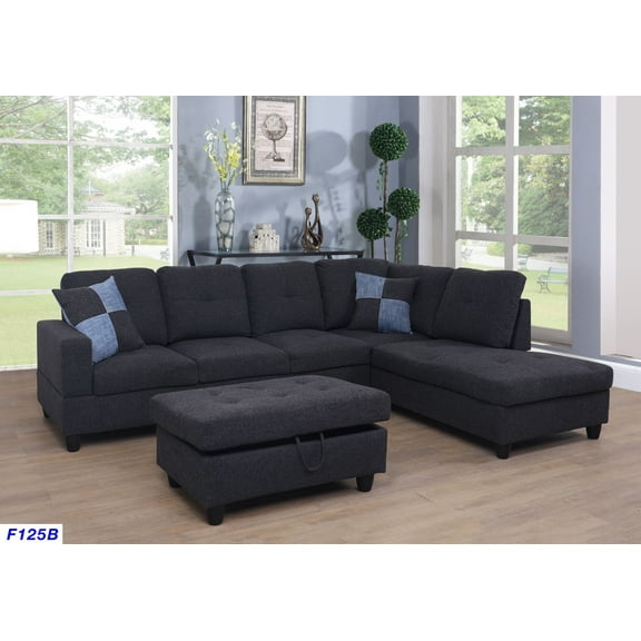 Pon Living Furniture Inc 3-Pcs Modern Contemporary Upholstered Kids Sectional Sofa Set, Black/Gray