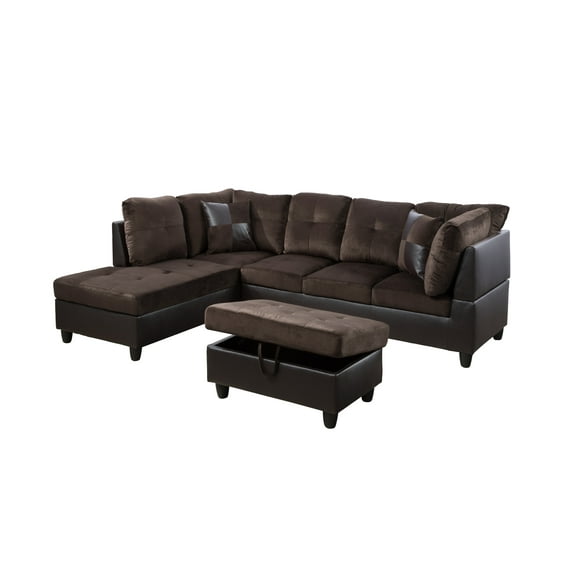 Pon Living Furniture Inc 3 Piece Classic Polyester Storage Ottoman L Shaped Sectional Sofa Set Brown