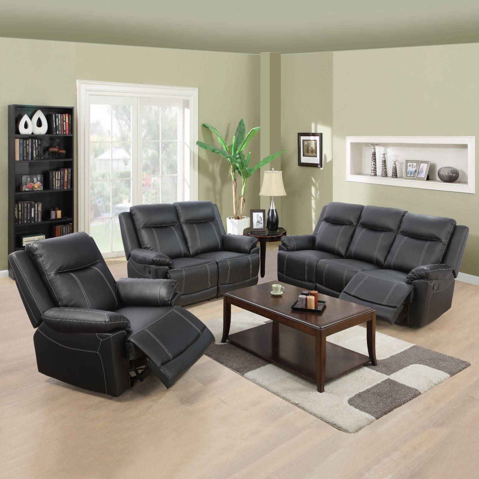 Pon Living Furniture Inc 3 Piece Contemporary Bonded Leather Reclining Living Room Set Black