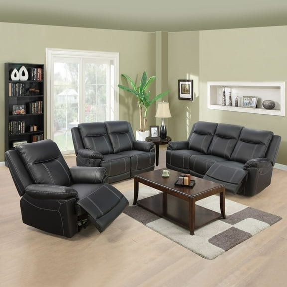 Pon Living Furniture Inc 3 Piece Contemporary Bonded Leather Reclining Living Room Set Black