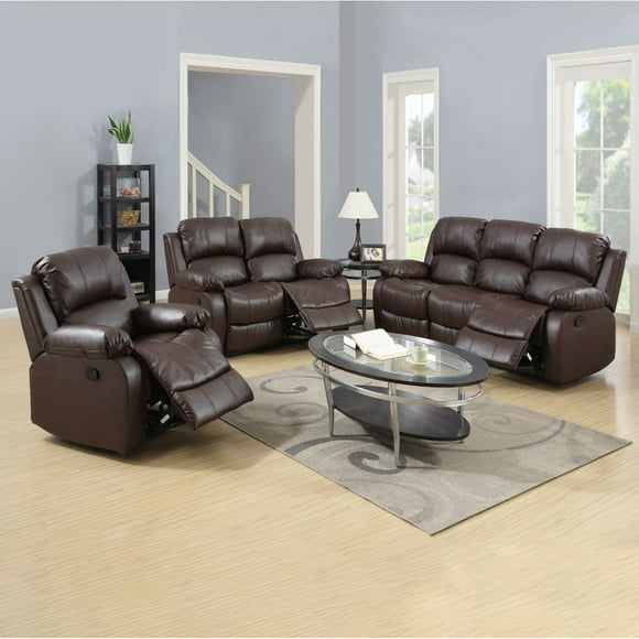 Pon Living Furniture Inc 3 Piece Contemporary Bonded Leather Reclining Living Room Set Brown
