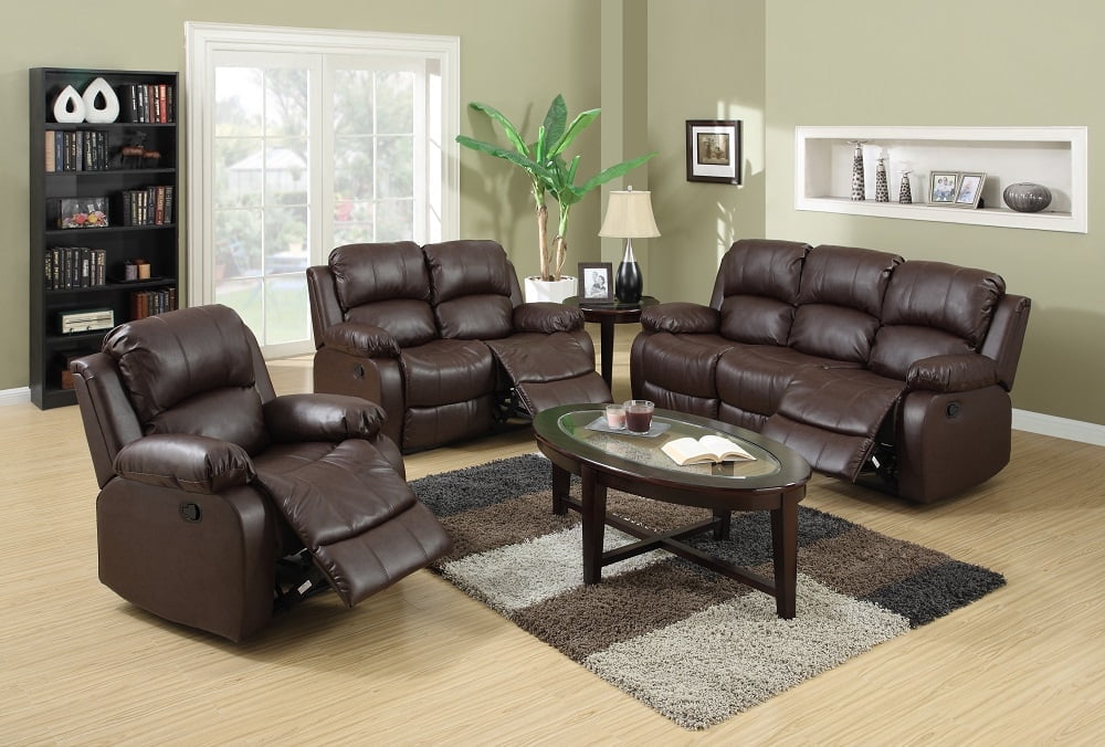 Pon Living Furniture Inc 3 Piece Modern Bonded Leather Reclining Living Room Set Brown