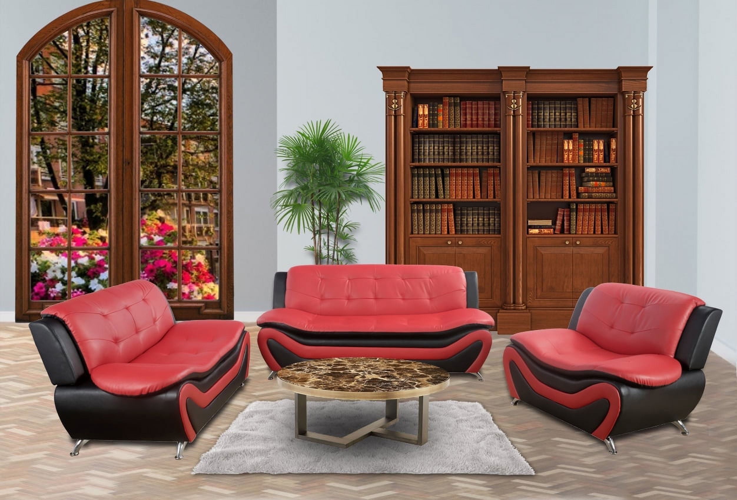 Pon Living Furniture Inc 3 Piece Modern Faux Leather Living Room Set Black/Red