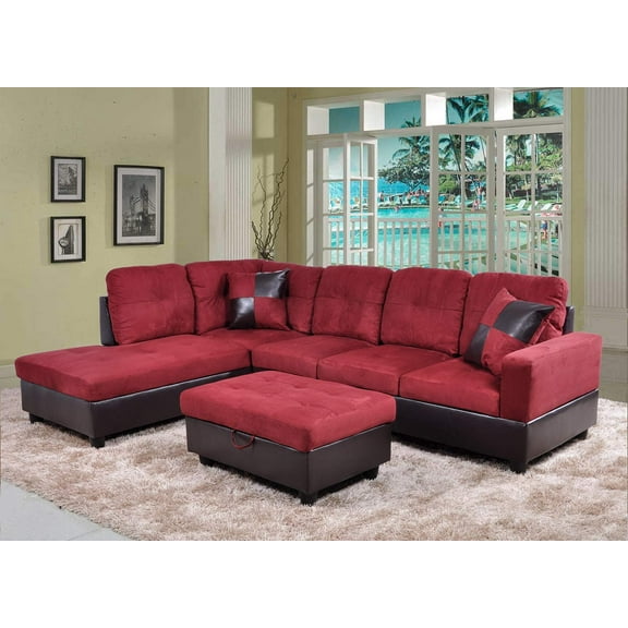 Pon Living Furniture Inc 3 Piece Modern Microfiber L Shaped Sectional Sofa Set Red