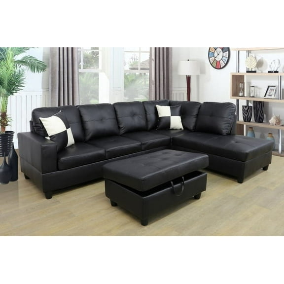 Pon Living Furniture Inc Leather Left or Right Facing Sleeper Sectional Sofa, Black