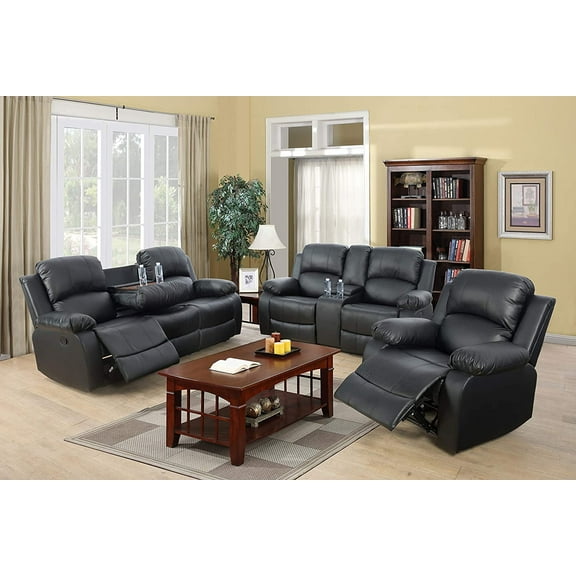 Pon Living Furniture Inc Leather Reclining Three Seats Sofa, Black