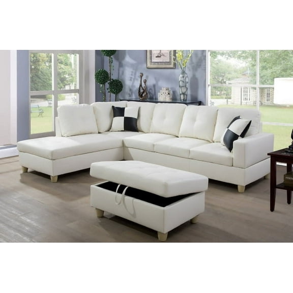 Pon Living Furniture Inc Modern Faux Leather Sectional Sofa Living Room Set, Off-White