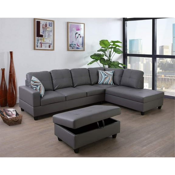 Pon Living Furniture Sectional Sofa, Modern Leather Living Room Sofa Couch Set (Dark Grey)