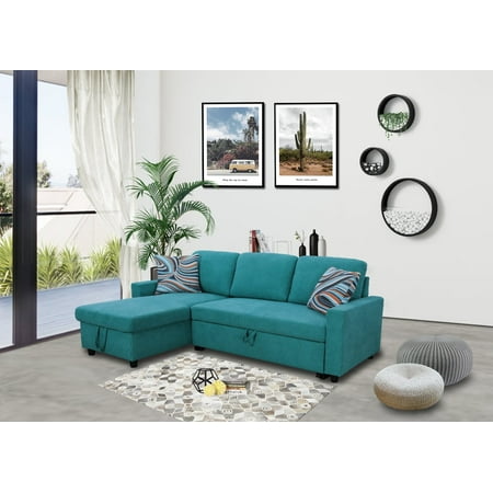 Pon Living Green Linen Reversible Sleeper Sectional Sofa with Storage Chaise