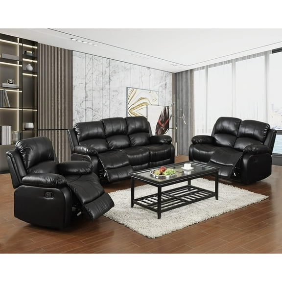 Pon Living Leather Recliner Sofa Set, Living Room Furniture Set, Leather Reclining Sofa Recliner Couch Set for Office Home(Sofa+Loveseat+Chair,Black)